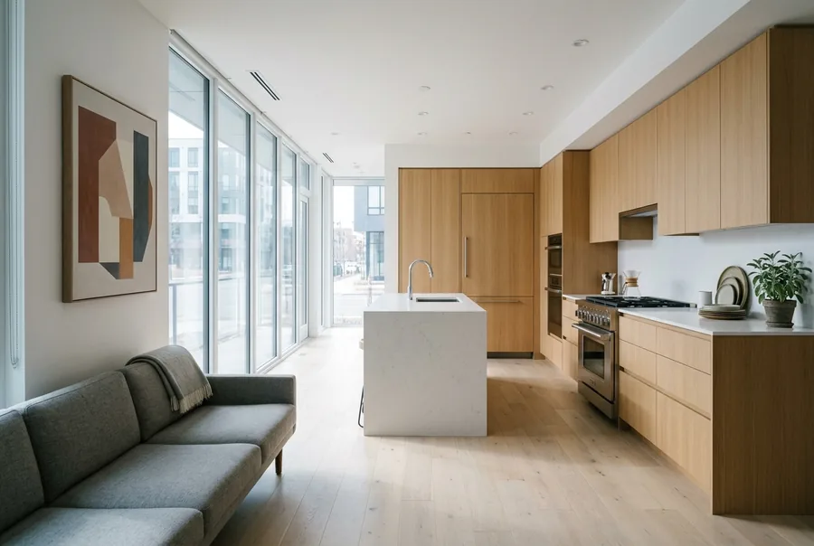 Open-plan Cherry Creek condo: a marble island, oak cabinets and a wall of glass onto the street