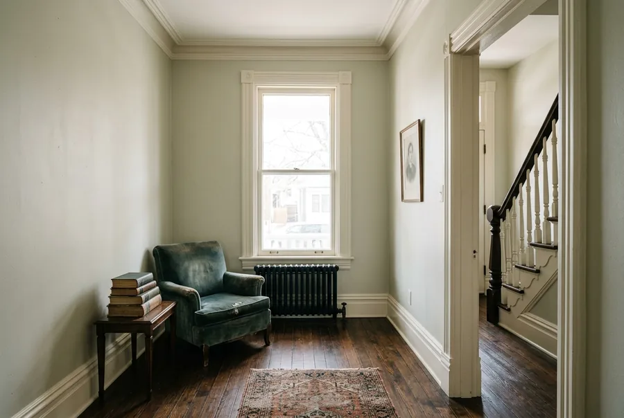 Highlands parlor with a cast-iron radiator under a tall sash window, dark wood floors and a staircase beyond
