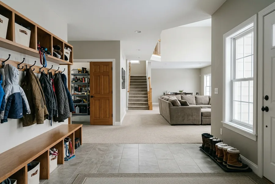 Littleton mudroom where the entry tile meets the carpet: coats on hooks, snow boots on a tray, and the garage door standing open onto shelves of tools