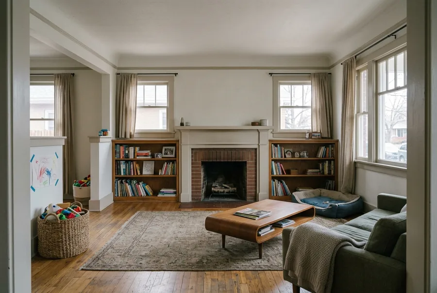 Washington Park bungalow living room, lived in: a basket of toys by the doorway, a child’s drawing taped to the wall, and a dog bed beside the brick fireplace