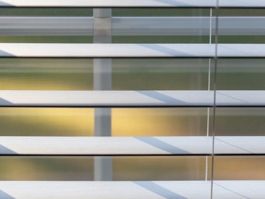 Close-up of window blinds catching afternoon light