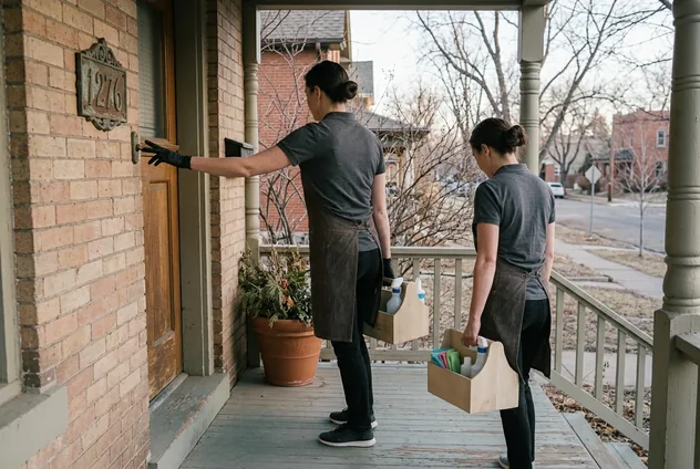 Two Northline cleaners arriving on a brick Denver porch, one reaching for the bell, both carrying caddies