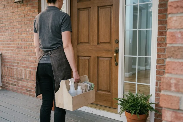 A Northline cleaner leaving through the front door with her caddy, the finished hallway visible through the sidelight glass behind her