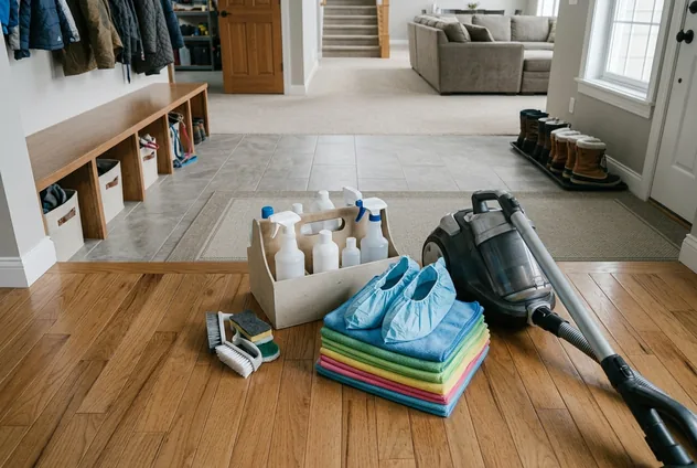 What arrives with the team: a caddy of bottles, a stack of folded microfibre cloths, shoe covers, brushes and a vacuum set down on a wood floor