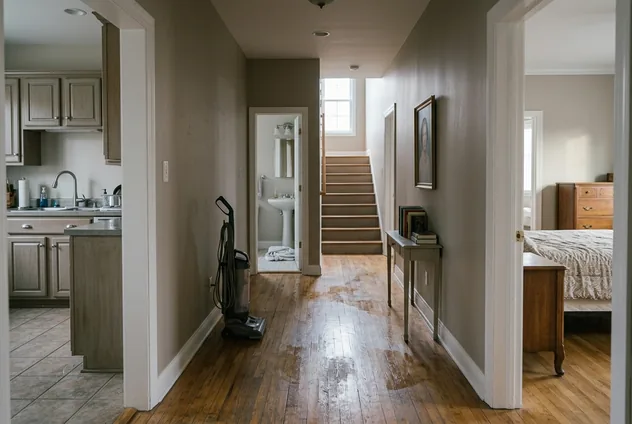 Hallway of a Denver home with a vacuum parked against the wall and four doorways off it: a kitchen, a bathroom, a bedroom and the stairs