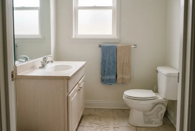 The same bathroom after a deep clean: towels squared on the rail, counter clear, grout and toilet base scrubbed, mirror streak-free