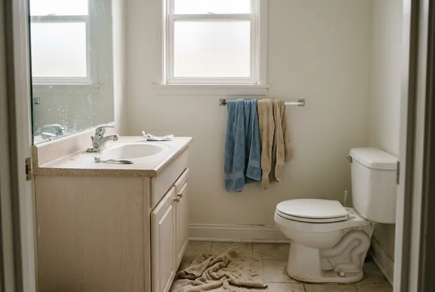 Bathroom before a deep clean: a towel on the floor, toothpaste on the counter, grime along the tile grout and the base of the toilet