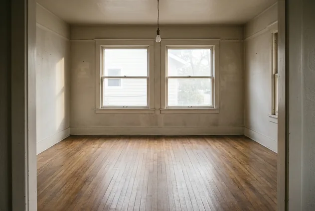 The same empty room after a move-out clean: sills and sashes wiped, floor swept and washed, nothing left behind