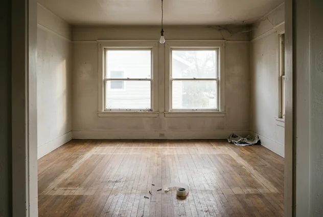 Empty room before a move-out clean: dust along the window sills, tape and debris on the bare wood floor, marks left on the walls