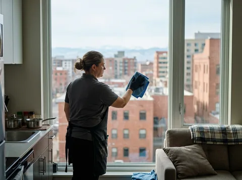 Cleaner wiping the inside of a high-rise window, downtown Denver and the mountains beyond