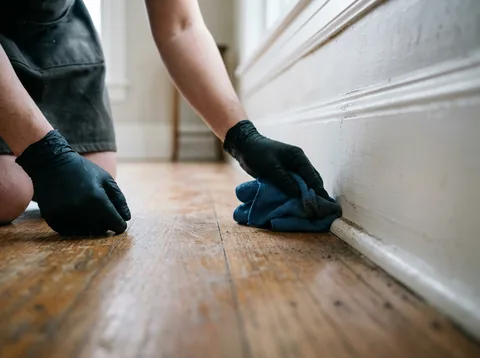 Gloved cleaner kneeling to wipe a painted baseboard where it meets a wood floor