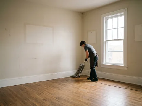 Cleaner vacuuming the bare floor of an emptied room, picture hooks still marking the wall