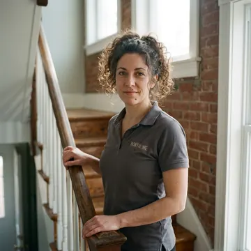 Jenna Ortiz on a staircase landing, hand on the banister, about to start upstairs