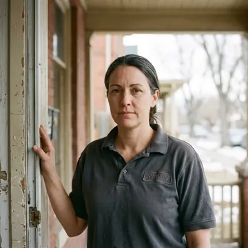 Erin Vance standing on a client&rsquo;s porch, one hand on the door frame, in a Northline polo