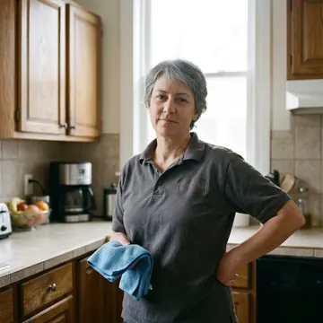 Dana Whitfield in a client&rsquo;s kitchen holding a folded microfiber cloth, counters clear behind her
