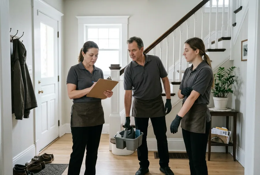 Three Northline cleaners in aprons going over the job sheet in a client’s entryway, supply caddy on the floor