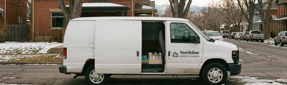 A white Northline van parked on a Denver street, side door open on stacked supplies, the Front Range behind the houses
